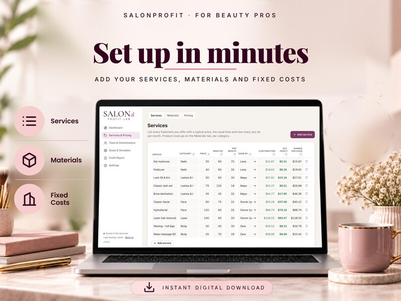 Salon services, materials and fixed costs tables with cost summary chart