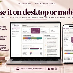 Salon calculator open in the browser on a laptop and a mobile phone, works on desktop or mobile with an instant digital download