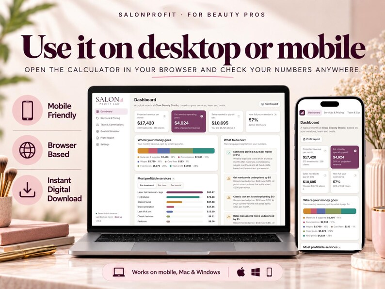 Salon calculator open in the browser on a laptop and a mobile phone, works on desktop or mobile with an instant digital download