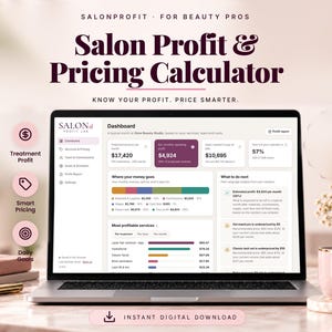 Salon profit and pricing calculator on a laptop, beauty business dashboard