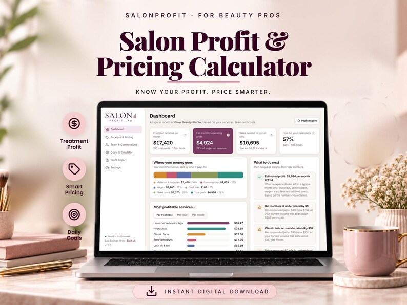 Salon profit and pricing calculator on a laptop, beauty business dashboard