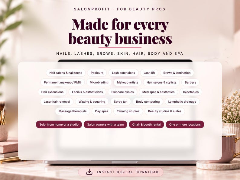 Made for every beauty business: nail salons, lash and brow studios, hair salons, estheticians, spas, massage and makeup artists, solo or with a team