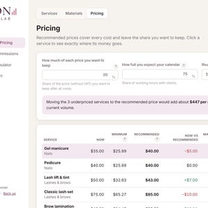 Unedited screenshot of the salon pricing page with current and recommended prices for each treatment and the extra monthly profit