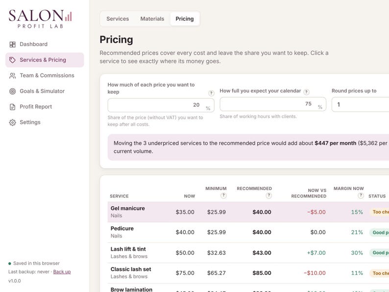 Unedited screenshot of the salon pricing page with current and recommended prices for each treatment and the extra monthly profit