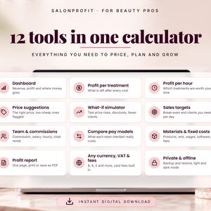 12 tools in one salon calculator: dashboard, profit per treatment, price suggestions, what-if simulator, team commissions, pay models, break-even, sales targets, profit report, currency and VAT settings