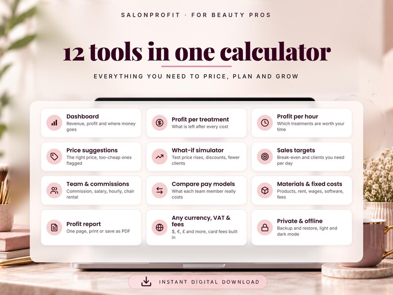12 tools in one salon calculator: dashboard, profit per treatment, price suggestions, what-if simulator, team commissions, pay models, break-even, sales targets, profit report, currency and VAT settings