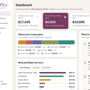 Unedited screenshot of the salon calculator dashboard with projected revenue, operating profit, where your money goes and most profitable services