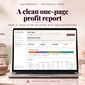 One-page salon profit report with expenses chart and profit per service