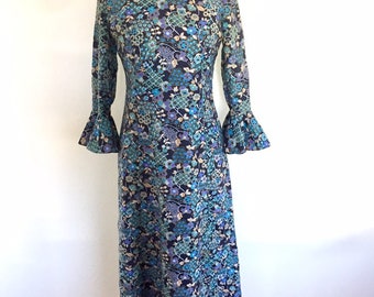 Vintage 1970s Maxi Blue Floral Print Dress