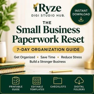 May include: A digital guide titled The Small Business Paperwork Reset 7-Day Organization Guide by iRyze Digi Studio Hub. The graphic features dark green text on a light background, including icons for printable guides, editable templates, checklists, and digital folders.