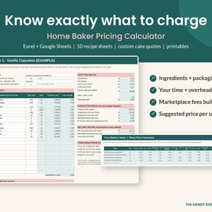 May include: A digital Home Baker Pricing Calculator spreadsheet template for Excel and Google Sheets. The interface displays recipe ingredient costs, batch yields, packaging expenses, labor time, overhead, and suggested unit pricing.