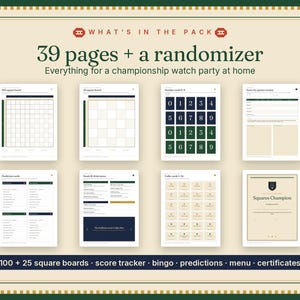 May include: A digital party game pack featuring 39 pages and a randomizer. The set includes 100 and 25 square boards, a score tracker, bingo, prediction cards, a menu, and certificates. The text reads: WHAT'S IN THE PACK, 39 pages + a randomizer, Everything for a championship watch party at home, 100 + 25 square boards, score tracker, bingo, predictions, menu, certificates.