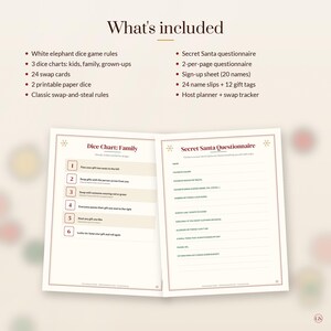 K&ouml;nnte beinhalten: Ein druckbares Party-Set mit einem W&uuml;rfel-Diagramm f&uuml;r Familien und einem Wichtel-Fragebogen. Das Set enth&auml;lt Spielregeln f&uuml;r ein W&uuml;rfelspiel, 3 W&uuml;rfel-Diagramme, 24 Tauschkarten, 2 Papierw&uuml;rfel, einen Fragebogen und eine Anmeldeliste.