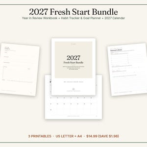 K&ouml;nnte beinhalten: Ein 2027 Fresh Start Bundle bestehend aus einem Jahresr&uuml;ckblick-Arbeitsbuch, Gewohnheitstracker, Zielplaner und Kalender. Das Set enth&auml;lt drei druckbare Dokumente in US Letter und A4-Gr&ouml;&szlig;e mit wei&szlig;en Seiten und schwarzem Text.