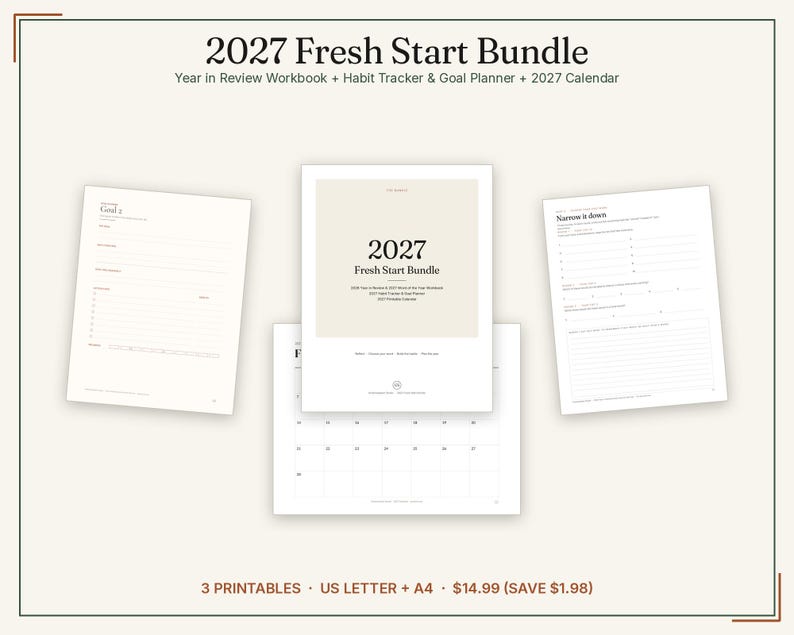 K&ouml;nnte beinhalten: Ein 2027 Fresh Start Bundle bestehend aus einem Jahresr&uuml;ckblick-Arbeitsbuch, Gewohnheitstracker, Zielplaner und Kalender. Das Set enth&auml;lt drei druckbare Dokumente in US Letter und A4-Gr&ouml;&szlig;e mit wei&szlig;en Seiten und schwarzem Text.