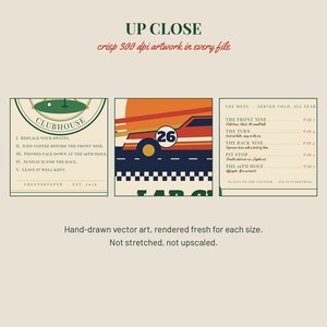 May include: Three graphic art panels featuring golf and racing themes. The left panel lists clubhouse rules, the center shows a race car with the number 26, and the right panel displays a menu titled The Menu Served Cold, All Year with golf-themed items.