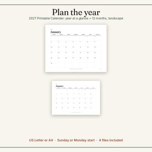 K&ouml;nnte beinhalten: Ein druckbarer 2027-Kalender im Querformat mit dem Text Plan the year, 2027 Printable Calendar: year at a glance + 12 months, landscape, US Letter or A4, Sunday or Monday start, 4 files included, sowie Januar-Seiten.