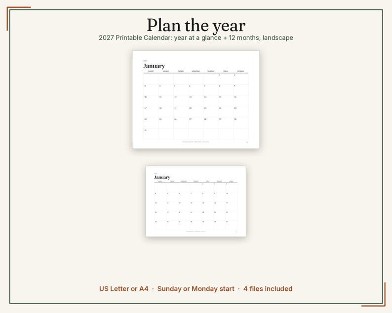 K&ouml;nnte beinhalten: Ein druckbarer 2027-Kalender im Querformat mit dem Text Plan the year, 2027 Printable Calendar: year at a glance + 12 months, landscape, US Letter or A4, Sunday or Monday start, 4 files included, sowie Januar-Seiten.