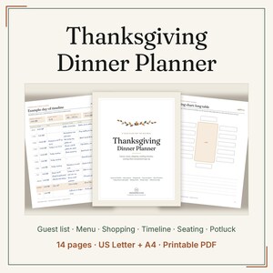 Könnte beinhalten: Ein Thanksgiving-Dinner-Planer als druckbares PDF-Set mit 14 Seiten, einschließlich Zeitplan, Sitzplan, Gästeliste, Menü, Einkaufsliste und Potluck-Anmeldung. Das Deckblatt zeigt den Titel und eine kleine Blattgrafik.