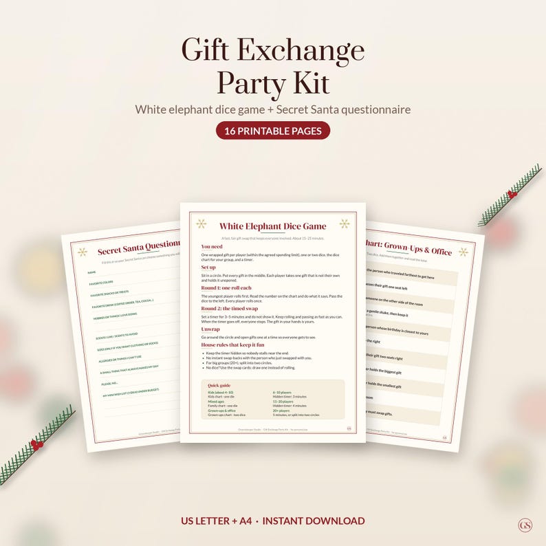 Gift Exchange Party Kit printable PDF pages, Greenskeeper Studio