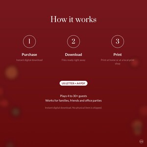 K&ouml;nnte beinhalten: Eine dunkelrote digitale Anleitungsgrafik mit dem Titel How it works und drei nummerierten Schritten: 1 Purchase, 2 Download und 3 Print. Sie enth&auml;lt den Text US LETTER + A4 PDF, Plays 4 to 30+ guests und Works for families, friends and office parties.