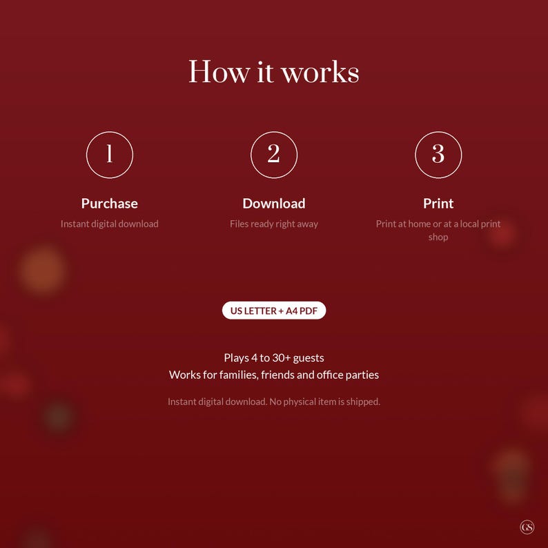 K&ouml;nnte beinhalten: Eine dunkelrote digitale Anleitungsgrafik mit dem Titel How it works und drei nummerierten Schritten: 1 Purchase, 2 Download und 3 Print. Sie enth&auml;lt den Text US LETTER + A4 PDF, Plays 4 to 30+ guests und Works for families, friends and office parties.