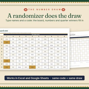 May include: A digital spreadsheet template titled The Number Draw featuring a 10x10 grid for sports pools. The interface includes text fields for names and codes, with cells that automatically fill and highlight in gold for winning squares.