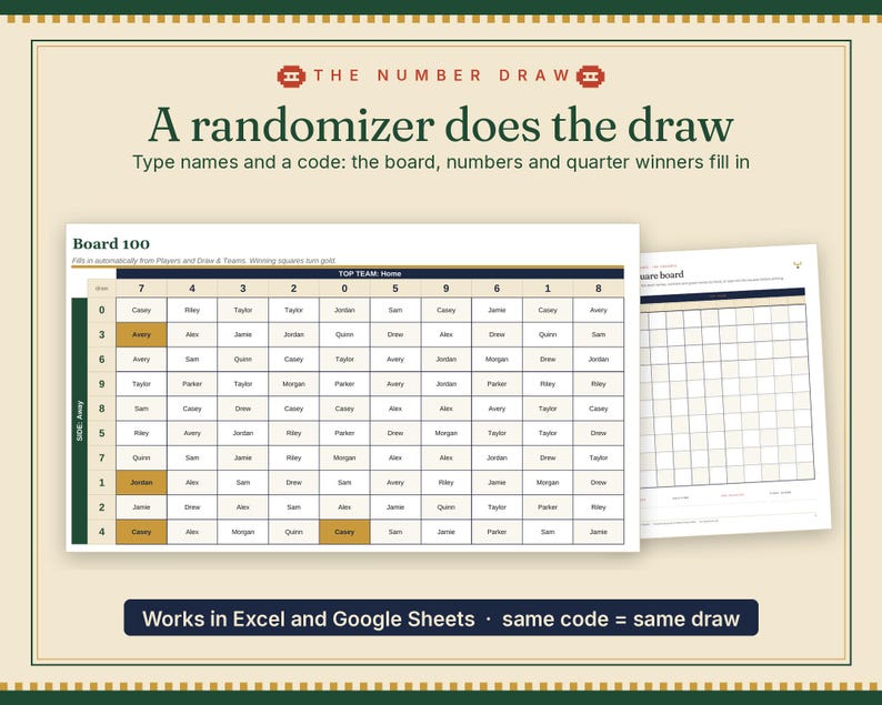 May include: A digital spreadsheet template titled The Number Draw featuring a 10x10 grid for sports pools. The interface includes text fields for names and codes, with cells that automatically fill and highlight in gold for winning squares.