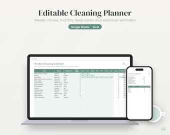 May include: An editable cleaning planner digital template displayed on a laptop and smartphone screen. The interface features a weekly cleaning schedule with columns for tasks, rooms, assignments, and progress percentages in green and white.