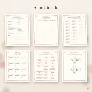 K&ouml;nnte beinhalten: Eine Sammlung von sechs druckbaren Party-Planungsbl&auml;ttern mit der &Uuml;berschrift A look inside. Enth&auml;lt Host Planner, Sign Up Sheet, Secret Santa Name Slips, Gift Tags, Swap Cards und Printable Dice mit Text und Raster.