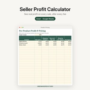 May include: A digital Seller Profit Calculator spreadsheet interface for Excel and Google Sheets. The table displays columns for product, sale price, shipping charged, material cost, shipping cost, and packaging, with the text Greenskeeper Studio.