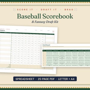 Könnte beinhalten: Ein Baseball-Scorebuch und Fantasy-Draft-Kit mit einem weißen Score-Blatt mit grünen Kopfzeilen und einer Draft-Board-Tabelle. Der Text lautet Score It, Draft It, Brag, Baseball Scorebook & Fantasy Draft Kit und Spreadsheet 25-Page PDF Letter + A4.