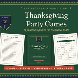 Könnte beinhalten: Ein Thanksgiving-Partyspiel-Paket mit 11 druckbaren Spielen, 23 Seiten und Antwortschlüsseln in den Formaten Letter und A4 PDF. Das dunkelgrüne Cover zeigt den Text "The Clubhouse Game Night" und "Thanksgiving Party Games" sowie ein Quizblatt und eine Bingokarte.