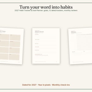 K&ouml;nnte beinhalten: Ein 2027 Gewohnheits-Tracker und Zielplaner mit drei Seitenlayouts. Der Text lautet Turn your word into habits, 2027 Vision, January Review und February. Die Seiten enthalten linierte Abschnitte, eine monatliche &Uuml;bersicht und ein Pixel-Raster.