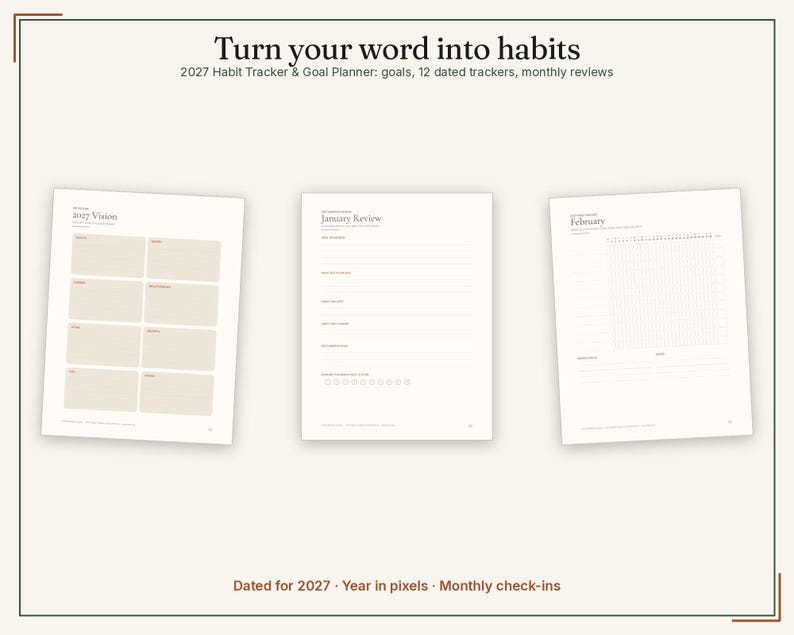 K&ouml;nnte beinhalten: Ein 2027 Gewohnheits-Tracker und Zielplaner mit drei Seitenlayouts. Der Text lautet Turn your word into habits, 2027 Vision, January Review und February. Die Seiten enthalten linierte Abschnitte, eine monatliche &Uuml;bersicht und ein Pixel-Raster.