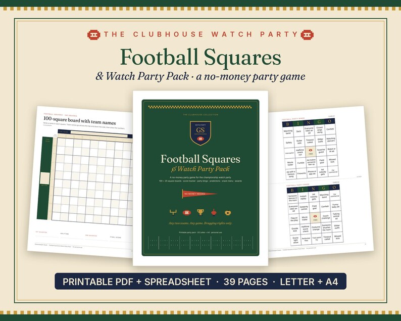 May include: A printable football squares and watch party game pack featuring a 100-square board, bingo cards, and a central green cover page with the text The Clubhouse Watch Party, Football Squares & Watch Party Pack, a no-money party game.