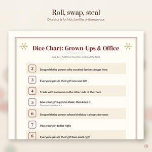 K&ouml;nnte beinhalten: Eine cremefarbene, druckbare W&uuml;rfeltabelle mit dem Titel Roll, swap, steal und Dice Chart: Grown-Ups & Office. Die Tabelle enth&auml;lt eine nummerierte Liste von 2 bis 8 mit Anweisungen f&uuml;r ein Geschenketauschspiel, verziert mit goldenen Schneeflocken.