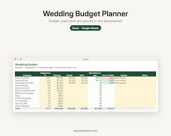 May include: A digital wedding budget planner spreadsheet displayed in a window. The interface features columns for category, suggested percentage, planned, actual, paid, remaining to pay, over or under, vendor, and notes. Text includes Wedding Budget Planner.