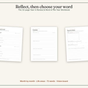 K&ouml;nnte beinhalten: Ein 32-seitiges Year in Review & Word of the Year Arbeitsbuch mit drei wei&szlig;en Seiten und schwarzem Text. Die Seiten enthalten Abschnitte mit den Titeln Month by month, Gratitude und Narrow it down. Der untere Text lautet Month by month, Life areas, 72 words, Vision board.