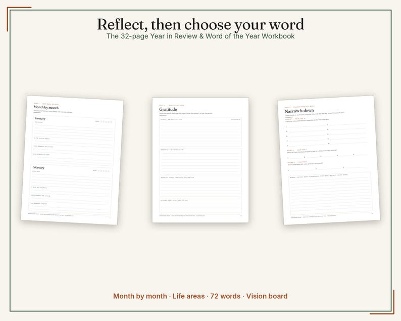 K&ouml;nnte beinhalten: Ein 32-seitiges Year in Review & Word of the Year Arbeitsbuch mit drei wei&szlig;en Seiten und schwarzem Text. Die Seiten enthalten Abschnitte mit den Titeln Month by month, Gratitude und Narrow it down. Der untere Text lautet Month by month, Life areas, 72 words, Vision board.