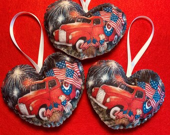 USA American Flag Patriotic 4th Of July Freedom Fireworks Yellow Dog Set 3 Hand Sewn Old Red Truck Home Decor ~ Knob Hangers/Bowl/Basket