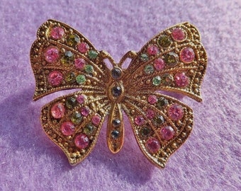 Gorgeous Colored Vintage Butterfly Brooch Gold Tone Metal With Pink And Green Rhinestones In Intricate Design ~ Excellent  Condition ~ BF7