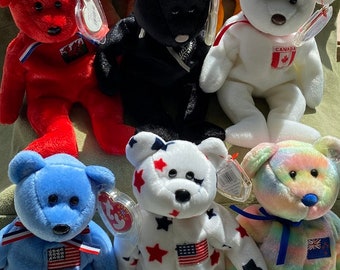 8 All Different Excellent Condition Vintage International Rare TY Beanie Bears /2USA/2CANADA/2NZ/UK~1Wales+1ENGLAND Britannia Queens Jubilee