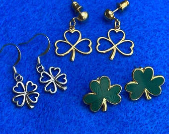 St Patrick's Day DESTASH Three Pairs Of Shamrock Pierced Earrings / 1 Each ~ Silver Tone Dangle ~ Gold Tone Dangle ~ Green, March 17 B-day
