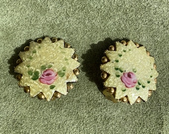 Vintage Guilloche Enamel Clip Back Earrings In Creamy Buttercup Yellow With Pink Roses, These Vintage Earrings Are In Excellent Condition