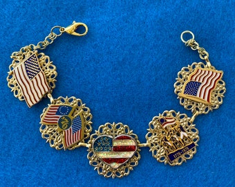 All American Themed Vtg Items Bracelet ~ No 2 Alike ~ Patriotic July 4 Military Veterans Day, Flags Red/Wt/Blue, Old Glory Pledge Allegiance