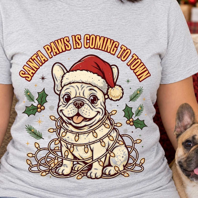 Frenchie Santa Paws Christmas shirt — worn by model