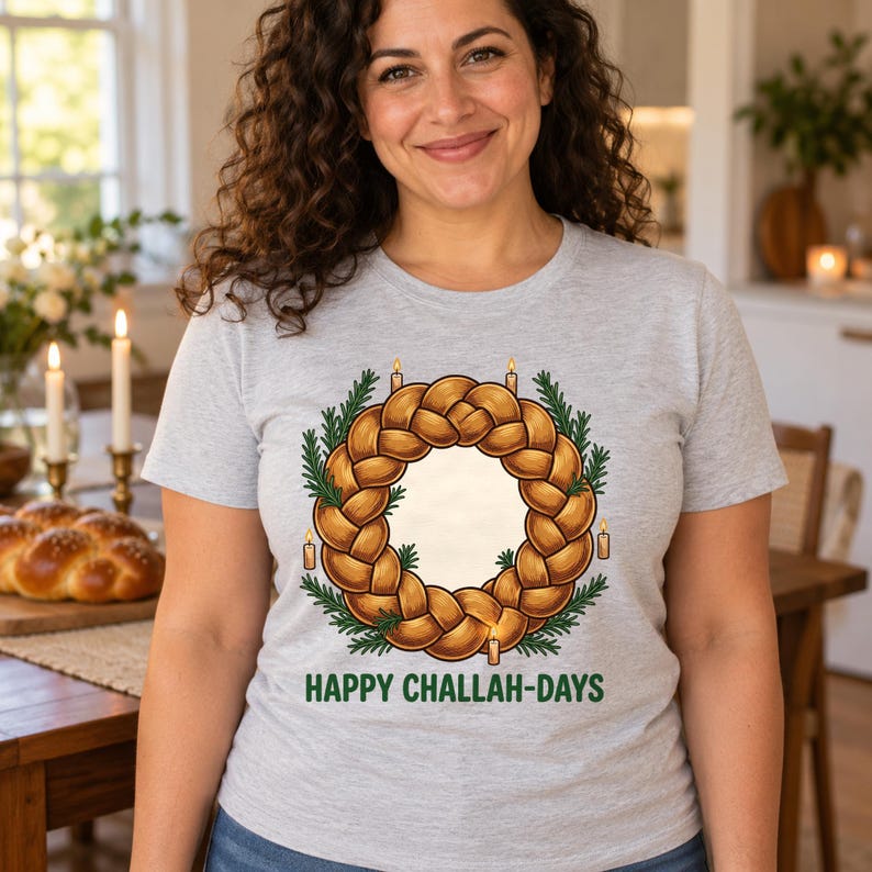 Happy Challah-days Hanukkah shirt — worn by model