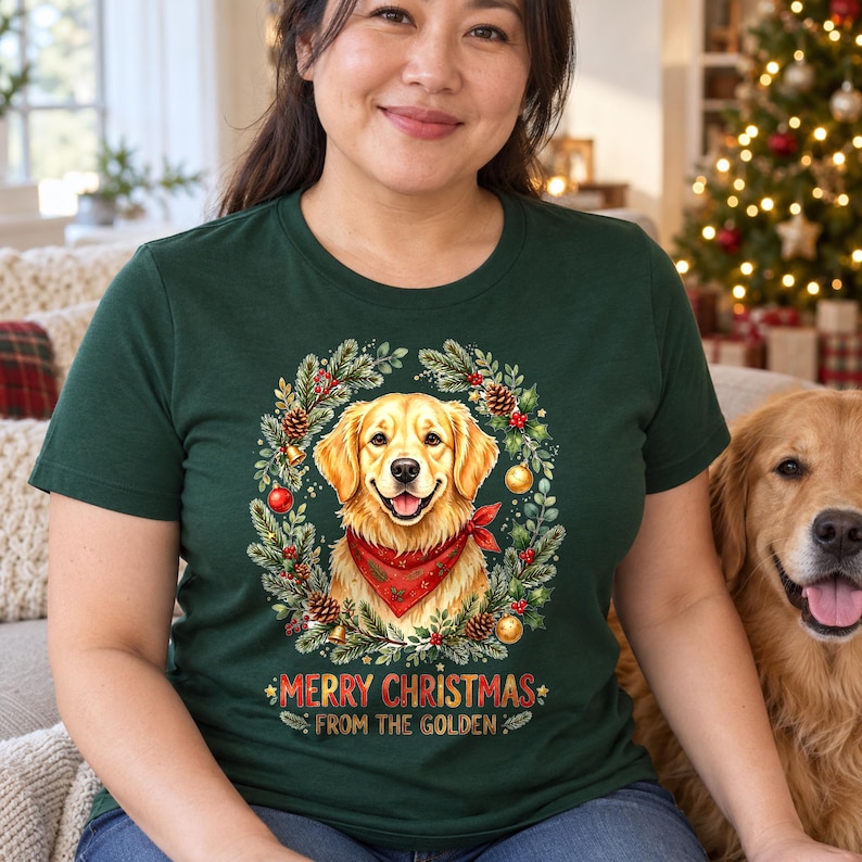 Golden Christmas shirt — worn by model