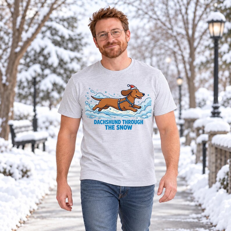 Dachshund Through the Snow Christmas shirt — lifestyle photo